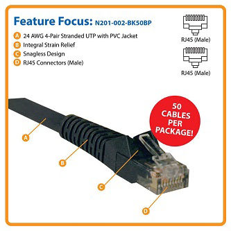 Eaton Cat6 Cable (RJ45 M/M),PoE,Black,2',50pc