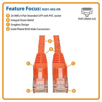 Eaton Cat6 Cable (RJ45 M/M),PoE,Orange,2 ft.