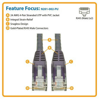 Eaton Cat6 Cable (RJ45 M/M),PoE,Purple,2 ft.