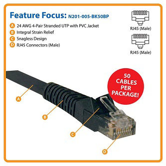 Eaton Cat6 Cable (RJ45 M/M),PoE,Black,5',50pc