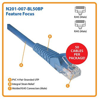 Eaton Cat6 Cable (RJ45 M/M),PoE,Blue,7',50pc