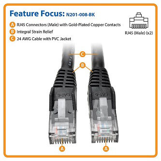 Eaton Cat6 Cable (RJ45 M/M),PoE,Black,8 ft.