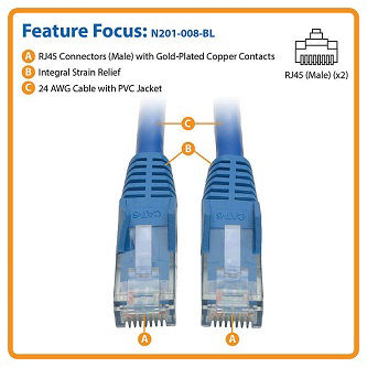 Eaton Cat6 Cable (RJ45 M/M),PoE,Blue,8 ft.