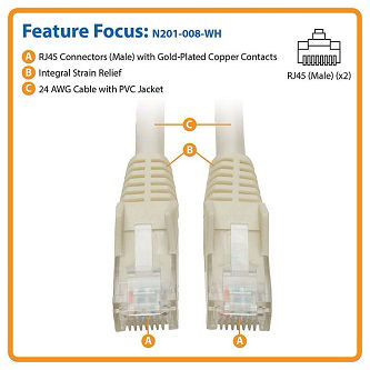 Eaton Cat6 Cable (RJ45 M/M),PoE,White,8 ft.