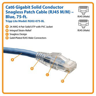 Eaton Cat6 Cable (RJ45 M/M),PoE,Blue,75 ft.