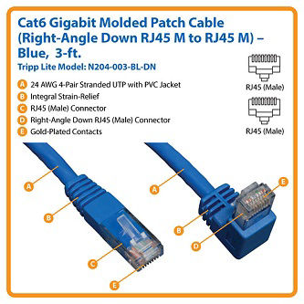 Eaton Cat6 Cable(RJ45 Rt-Ang Down M/M),Blue,3'