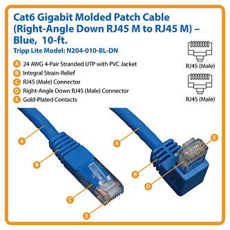 Eaton Cat6 Cable(RJ45 Rt-Ang DownM/M),Blue,10'