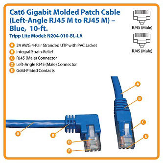 Eaton Cat6 Cable (RJ45 Lf-Ang M/M),Blue,10 ft.