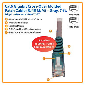 Eaton Cat6 Cable (RJ45 M/M),Gray,7 ft.