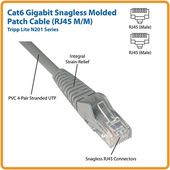 Eaton Cat6 Cable (RJ45 M/M),PoE,Gray,15 ft.