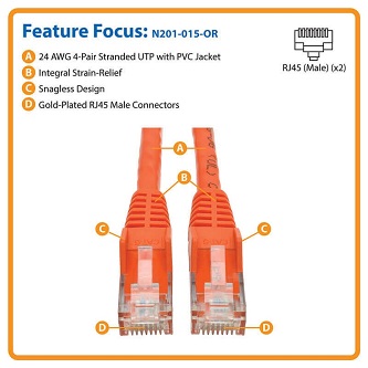 Eaton Cat6 Cable (RJ45 M/M),PoE,Orange,15 ft.